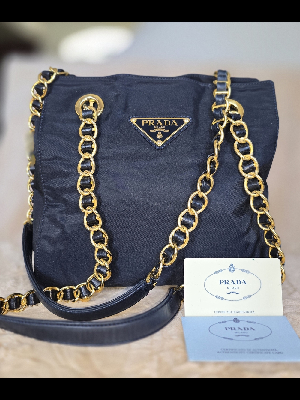 PRADA Black Nylon Chain-Handle Shoulder Bag